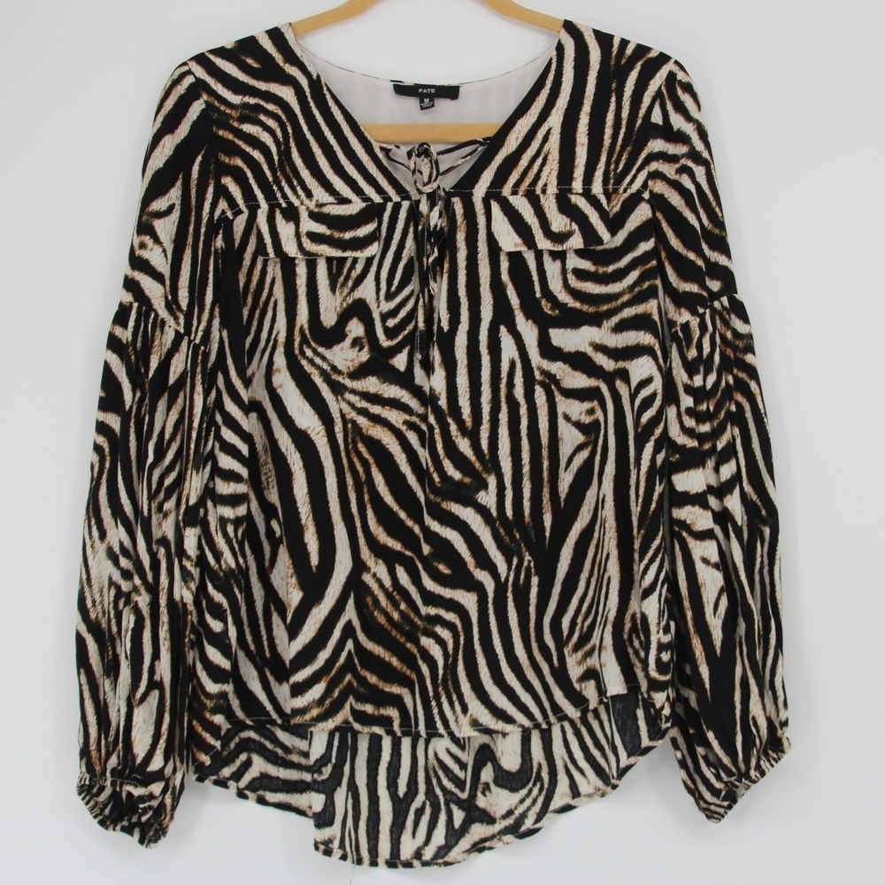 Fate Womens Zebra Print Long Sleeve Lace‎ Up V-Neck Blouse Black Tan Medium